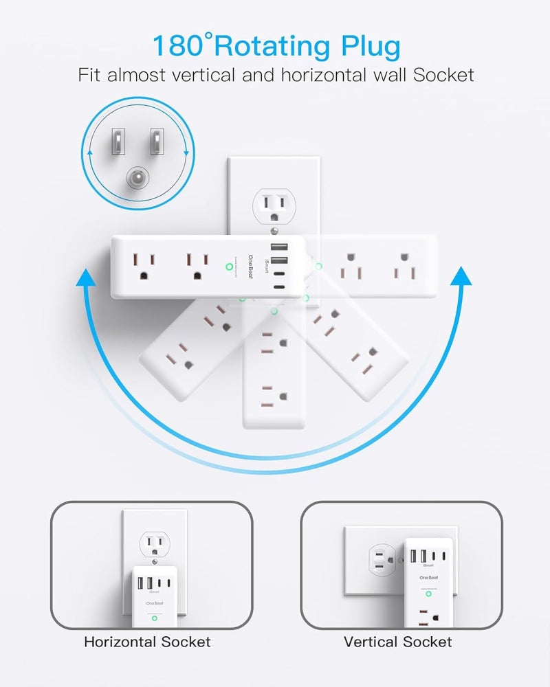 One Beat Surge Protector Outlet Extender - with Rotating Plug, 6 AC Multi Plug Outlet with 4 USB Ports (2 USB C), 1800J Wall Charger, 3-Sided Power Strip with Spaced Outlet Splitter for Home, Office, Travel - Image 2
